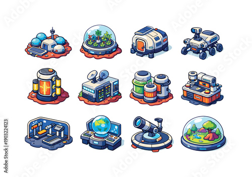 Alien Life Icons. Life on Another Planet. Colorful isometric vector icons set of Life on Another Planet: alien terrain base, extraterrestrial plant farm,