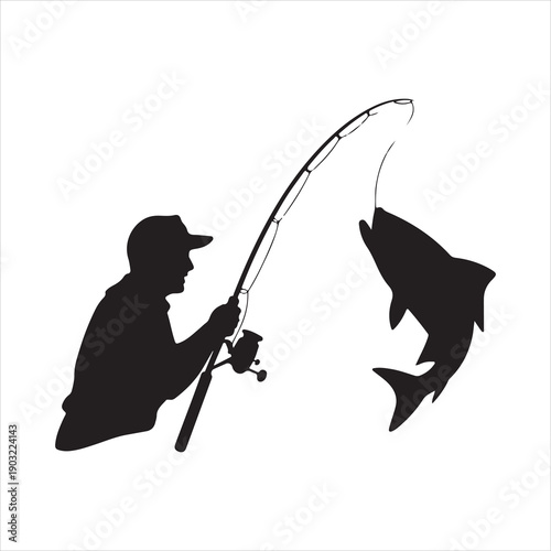 Fishing Rod with Hanging Fish Silhouette Vector a White Background