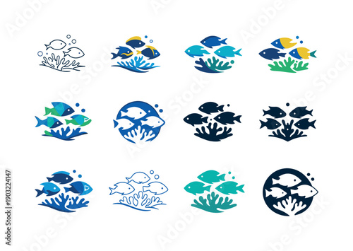 Underwater wildlife and nature photography. Icon set. Set Logo of Underwater wildlife and nature photography: tropical fish school.