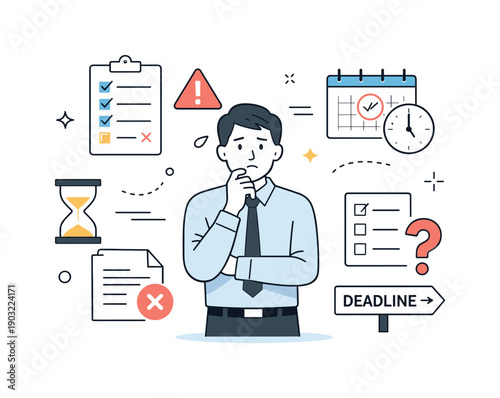Stressful Work Environment. Fear of failure and performance pressure. An employee surrounded by checklists, warning icons, and deadlines, standing still and