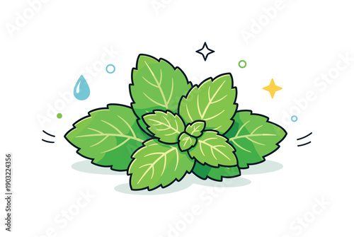 Mint leaves close up illustration. Minimal stylized mint leaves with smooth edges and soft shadows create a calm, refreshing botanical scene.
