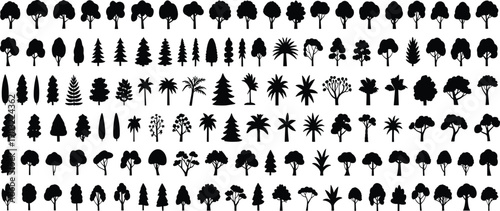 Collection of diverse tree silhouettes set featuring forest, palm, pine, and tropical trees for nature design projects