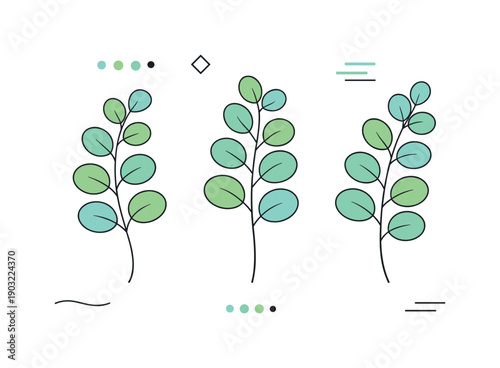 Minimal Eucalyptus Elegance. Minimal eucalyptus set. A few eucalyptus branches laid out in a tidy row, soft curved stems and evenly spaced rounded leaves. Calm