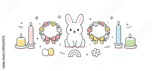 Springtime Minimalist Decor. Minimal spring home accents. Soft springtime decor items like pastel candles, ceramic bunny, and small flower wreaths arranged
