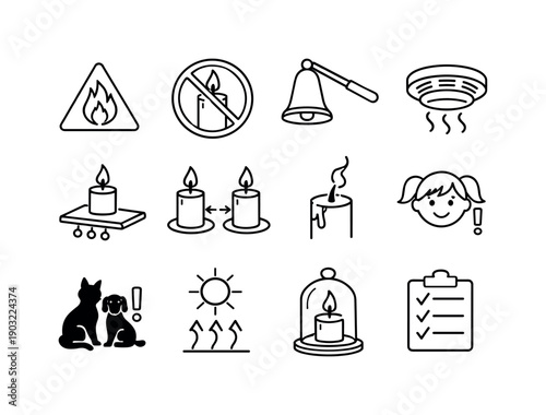 Candle Safety Icons. Candle Safety. Line icon set of Candle Safety: fire hazard sign, no unattended candle, candle extinguisher, smoke detector, fireproof