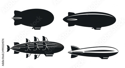 Collection of four different airship silhouettes in black and white.