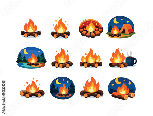 Cozy Night Fire. Colorful flat vector icons set of Cozy Night Fire: gentle campfire, soft flame glow, peaceful firelight, calm night fire,