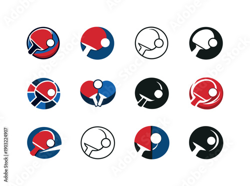 Table Tennis Icons. Table tennis. Icon set. Set Logo of Table tennis: circular emblem with paddle and ball. harmonious logo variations of the same emblematic