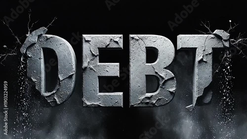 Bold metallic DEBT lettering surrounded by smoke symbolizing financial burden and economic pressure.
