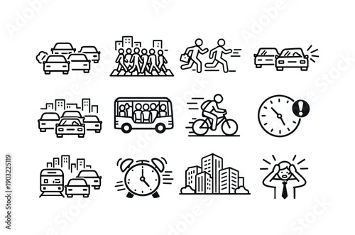 Rush Hour Icons. Rush hour street. Line icon set of Rush hour street: heavy traffic, crowded crosswalk, people rushing, honking cars, traffic congestion, buses