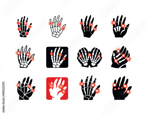 Aching Hands Icons. aching hands. Icon set. Set Logo of aching hands: hand skeleton with highlighted joints. harmonious logo variations of the same emblematic