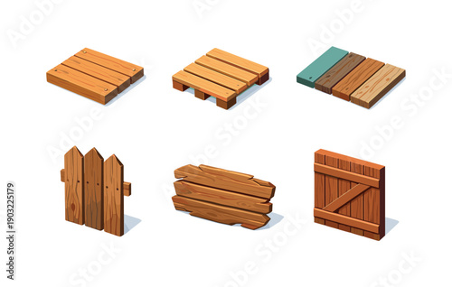 Rustic decor base. Isometric flat vector icons set of rustic decor base: wood crate top, pallet boards, reclaimed paneling, vintage fence