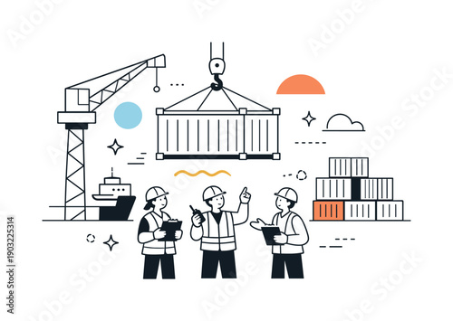 Container port operations. A crane gently lifting a shipping container while workers coordinate below, expressing smooth collaboration and