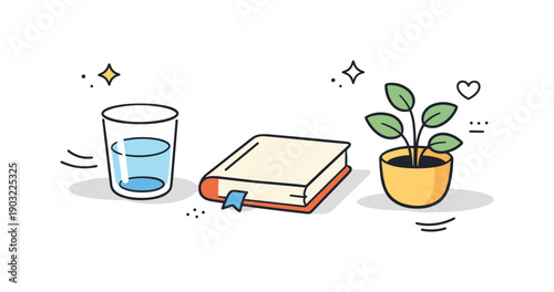 Soft sunlight shadows. A simple still life with a glass, book, and plant casting soft shadows on a white surface, conveying warmth and quiet