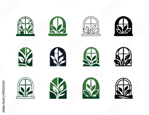Biophilic design. Icon set. Set Logo of biophilic design: window frame with plants. harmonious logo variations of the same emblematic