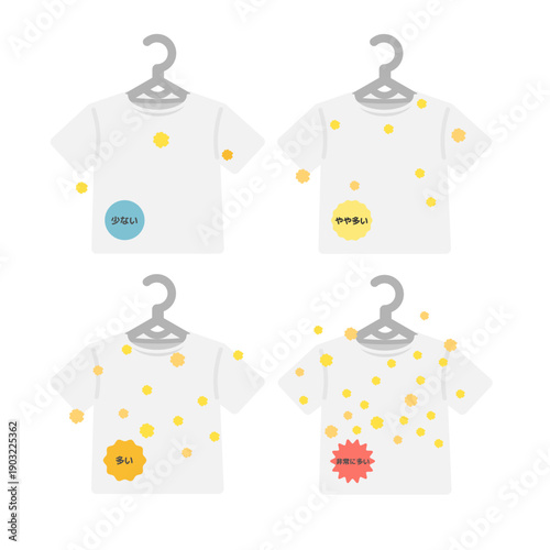 衣類・Tシャツに花粉が付着した飛散量のイラストセット（文字あり）