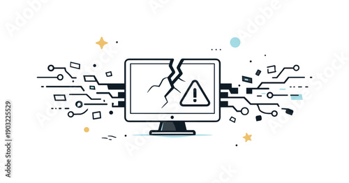 Digital decay visual metaphor. Abstract circuit lines breaking apart into disconnected shapes, soft particles floating away from a central