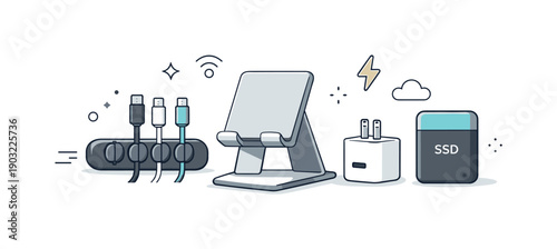 Minimal Tech Essentials. Minimal digital accessories collection. A balanced selection of tech tools like cable clips, stand, adapter, and storage device