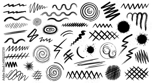 A collection of various black hand-drawn lines and shapes on a white background