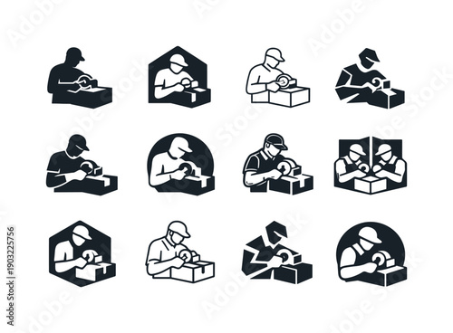Warehouse Staff Logos. Warehouse staff. Icon set. Set Logo of Warehouse staff organizing and packing: packing table with tape dispenser. harmonious logo
