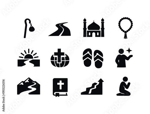 Religious Journey. Solid icon set of Religious Journey: pilgrim staff, long road, sacred destination, prayer beads, sunrise travel, faith
