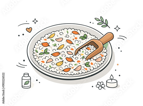 Botanical Bath Bliss. Botanical bath salt mix. Flat lay of natural bath salts mixed with dried petals and herbs, displayed on a ceramic plate with a wooden