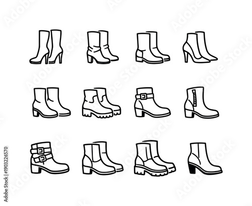 Fashion Boots. Line icon set of Fashion Boots: high heel boots, suede boots, leather boots, pointed toe boots, round toe boots, chunky boots,