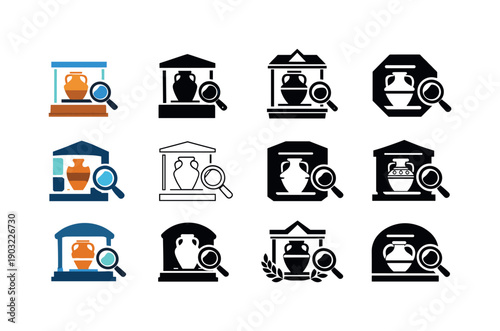 Ancient Pottery Icons. Examining ancient pottery. Icon set. Set Logo of Examining ancient pottery: labeled museum display. harmonious logo variations of the