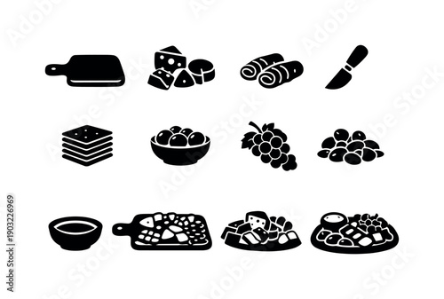 charcuterie board. Solid icon set of charcuterie board: serving board, assorted cheeses, cured meat, cheese knife, crackers stack, olive