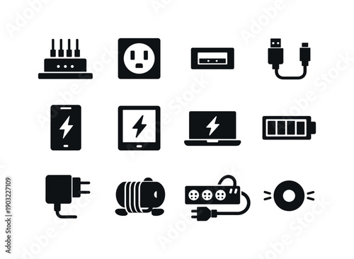 Setting up a charging station for devices. Solid icon set of Setting up a charging station for devices: charging station hub, power outlet,