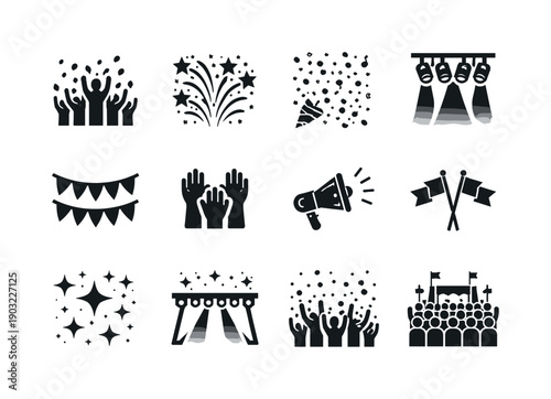 mass celebration. Solid icon set of mass celebration: crowd cheering, fireworks burst, confetti shower, stage spotlight, festival banner,