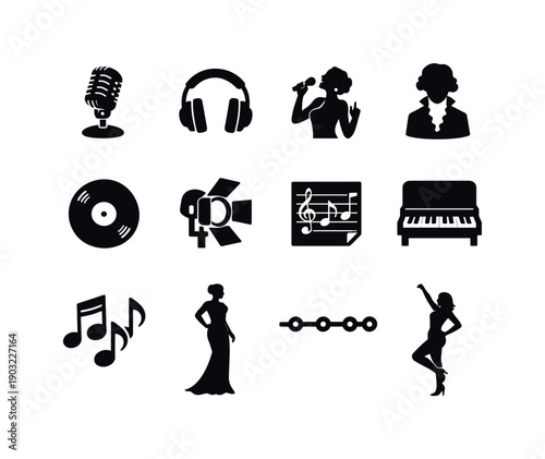 Women in Music History. Solid icon set of Women in Music History: vintage microphone, retro headphones, jazz singer, classical composer,
