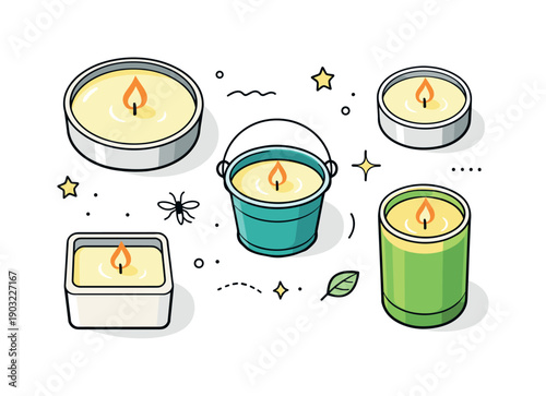 Citronella candles. Simple citronella candles arranged neatly from above, soft flame shapes and clean containers. Calm summer evening mood,