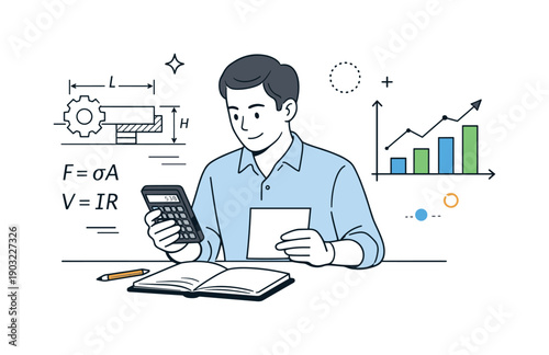 Scientific calculators for engineering. A professional character checking calculations with a calculator next to simple technical diagrams