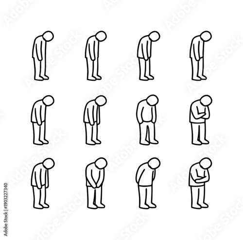 Person with Head Down. Person with Head Down. Line icon set of Person with Head Down: standing person head down, slouched posture, looking at floor, lowered