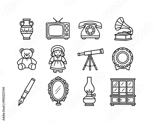 Vintage collectibles. Line icon set of vintage collectibles: antique vase, retro television, old telephone, gramophone, classic