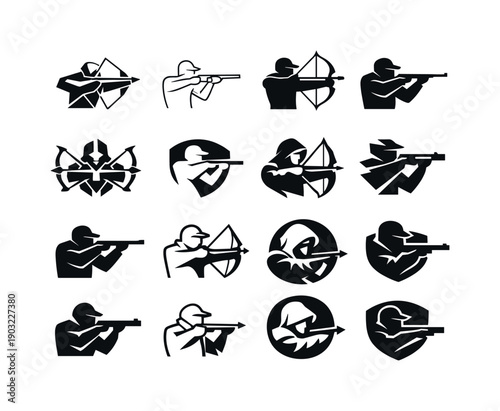 Ruthless hunters. Icon set. Set Logo of ruthless hunters: hunter with bow or rifle. harmonious logo variations of the same emblematic