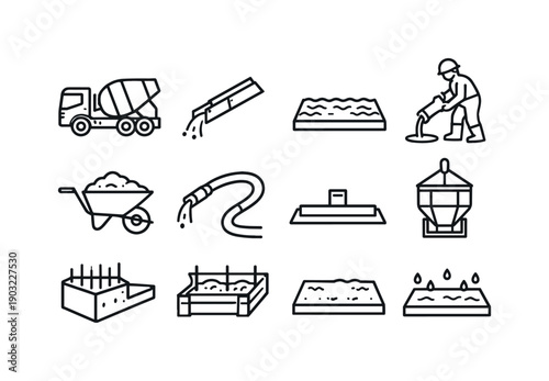 Concrete Pouring. Line icon set of Concrete Pouring: concrete mixer truck, pouring concrete chute, fresh concrete surface, construction