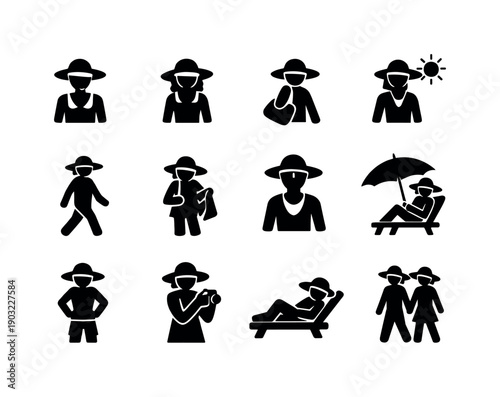 Wearing a Sunhat. Solid icon set of Wearing a Sunhat: person with sunhat, wide brim hat, summer outfit, sunny weather, face shade, outdoor