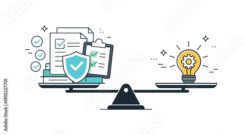 Risk avoidance culture balance. A balanced scale with documents and checkmarks on one side and a small idea icon on the other. The scene