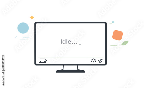 System idle state. A calm editorial scene showing a computer screen with an idle indicator and soft blinking cursor, suggesting readiness