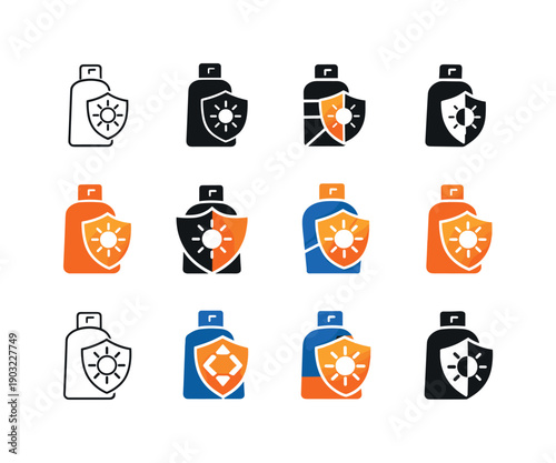 Applying sunscreen for daily protection. Icon set. Set Logo of Applying sunscreen for daily protection: sunscreen bottle with sun shield.