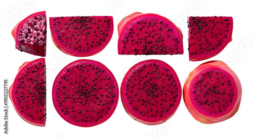 Sliced dragon fruit with vibrant red flesh and black seeds, isolated on white or transparent background. PNG