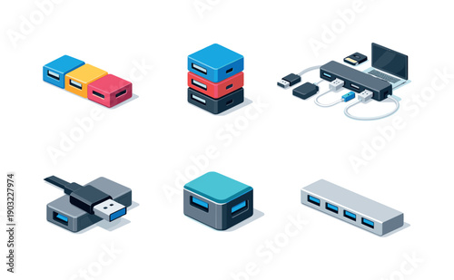 USB hub splitter. Isometric flat vector icons set of USB hub splitter: modular USB hub, stackable USB hub, USB hub expansion concept, USB hub