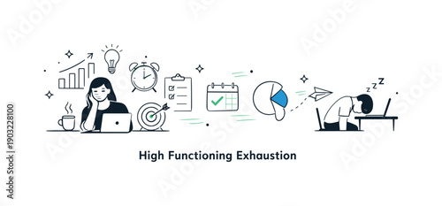 Resilience Under Strain. High functioning exhaustion. Abstract layout with productivity icons gradually fading or bending. Concept of resilience under strain,