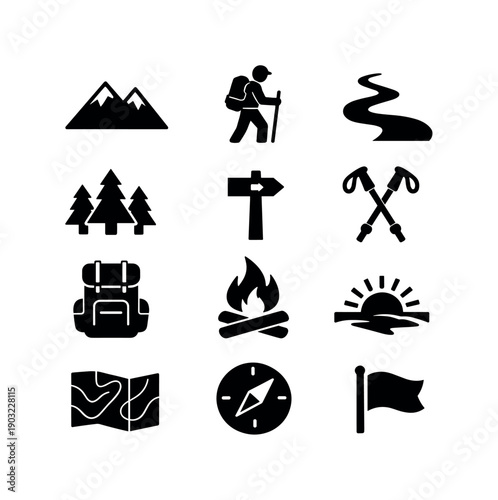 Hiking Icon Set. Hiking Adventure. Solid icon set of Hiking Adventure: mountain peaks, hiker with backpack, winding trail, forest trees, trail marker, trekking