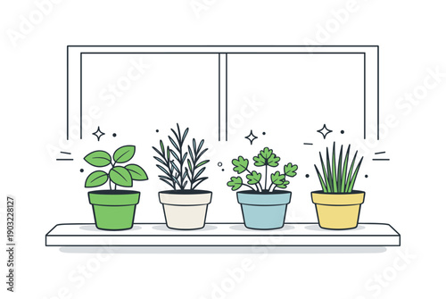 Herb Pots Serenity. Herb pots on windowsill. Small herb pots lined up on a bright windowsill, softly lit and evenly spaced. The scene feels calm and homely,