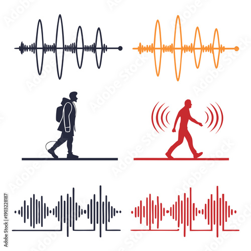 Illustration of a person jogging with sound waves and heart rate monitoring. Vector