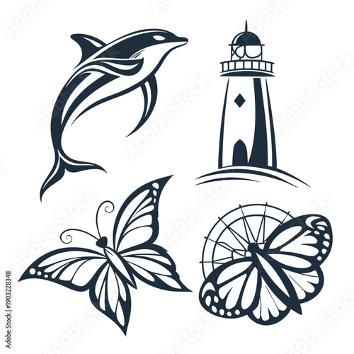 A serene seascape with a lighthouse, dolphins, and tropical leaves Vector