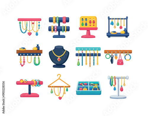 Jewelry storage. Colorful flat vector icons set of jewelry storage: hanging necklace, bracelet organizer, earring hooks, jewelry rack,